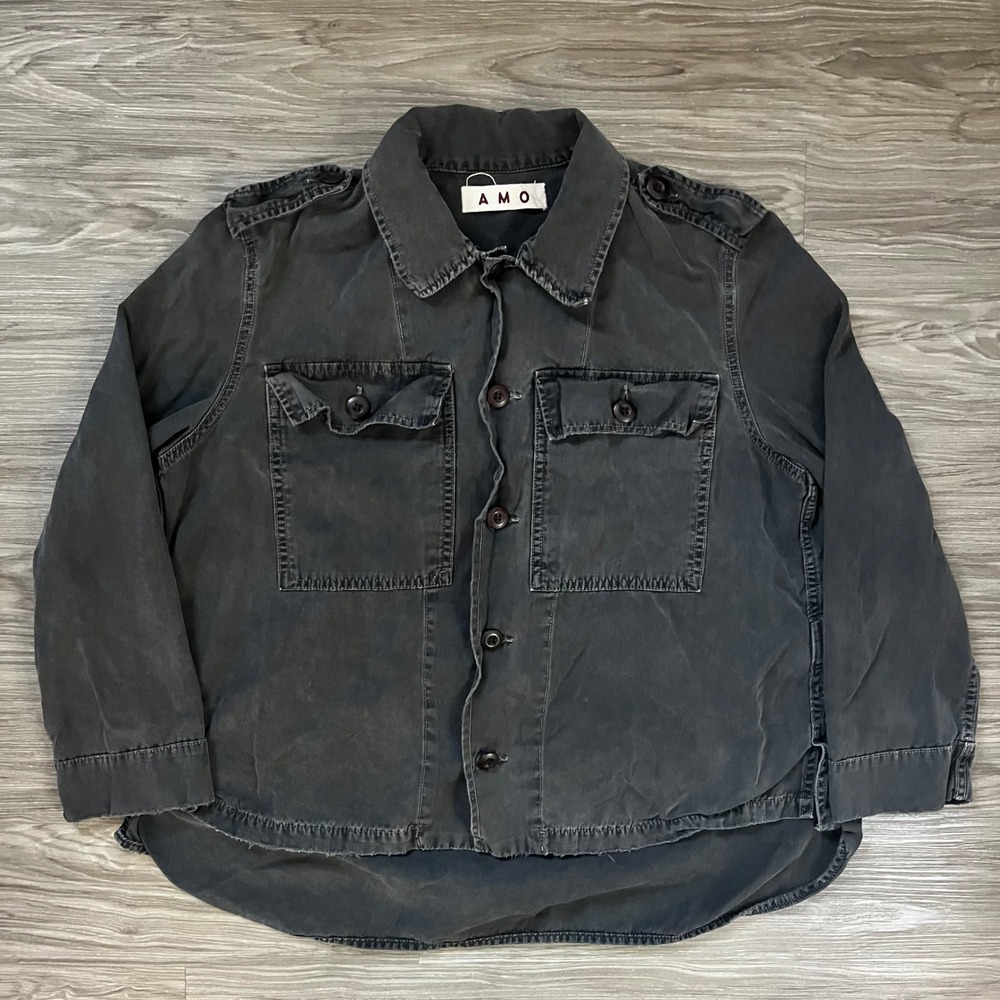 AMO Army Shirt Jacket Washed Black Cotton Utility Military Epaulets Large A07212